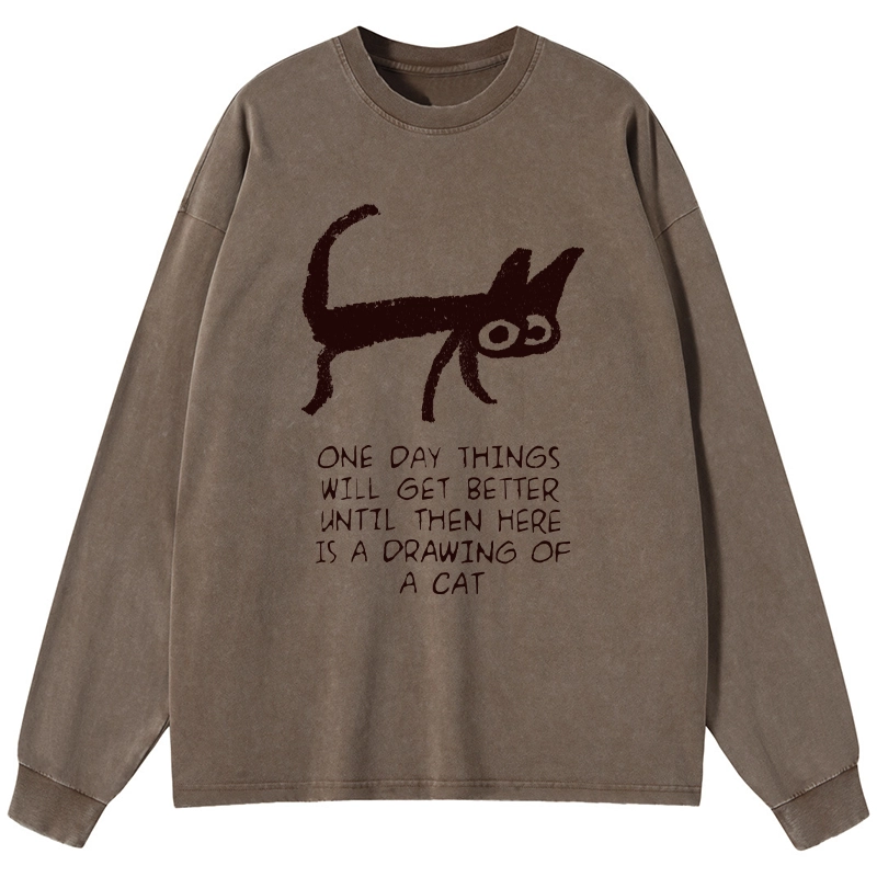 Tokyo-Tiger Cat Cheer Up Drawing Washed Long Sleeve T-Shirt