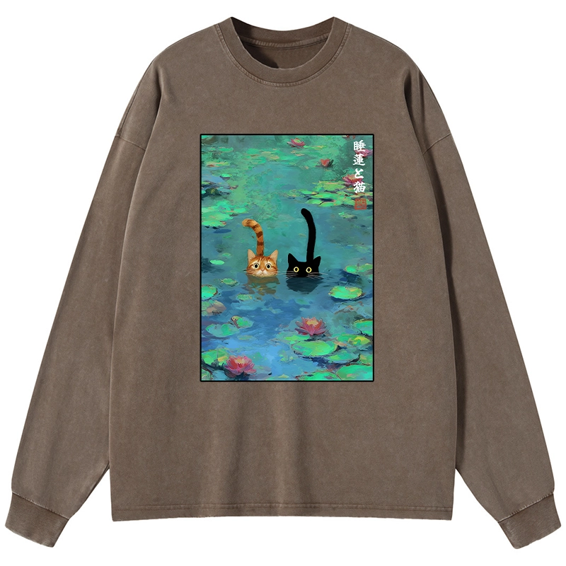 Tokyo-Tiger Funny Cats Swimming In Lilies Washed Long Sleeve T-Shirt