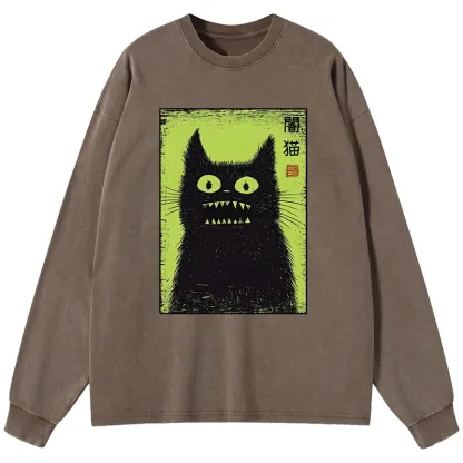 Tokyo-Tiger Spooky Black Cat Japanese Washed Long Sleeve T-Shirt