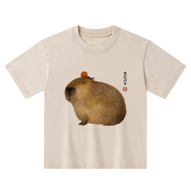 Tokyo-Tiger Calm Capybara Illustrations Kids Washed T-Shirt