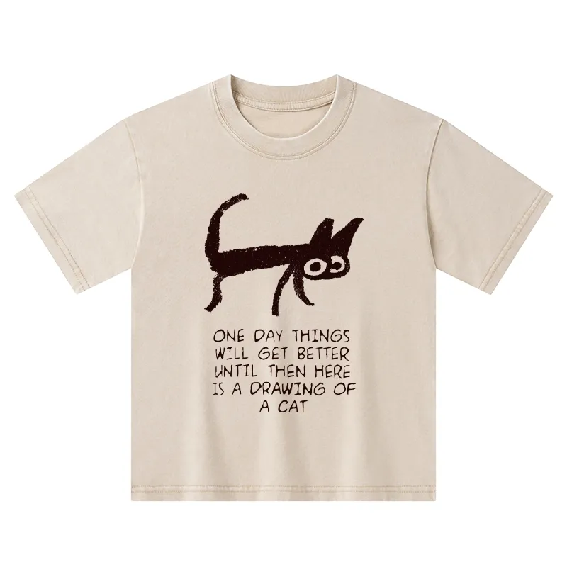 Tokyo-Tiger Cat Cheer Up Drawing Kids Washed T-Shirt
