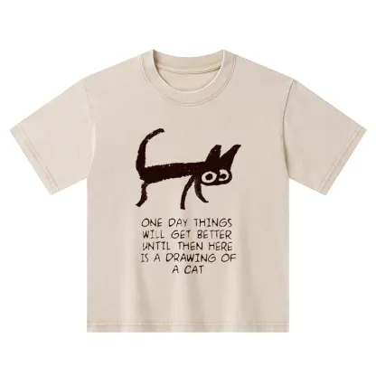 Tokyo-Tiger Cat Cheer Up Drawing Kids Washed T-Shirt