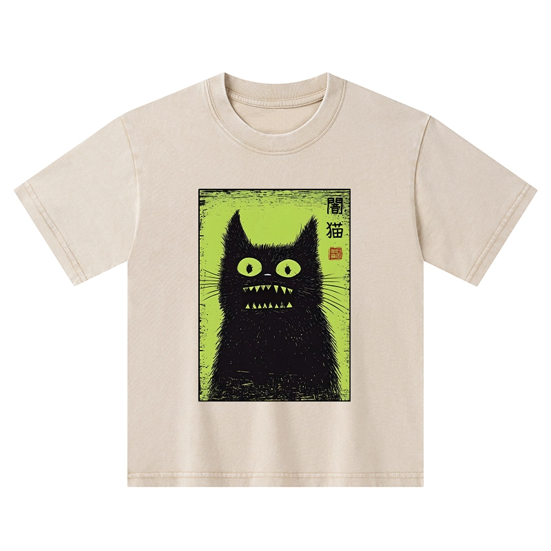 Tokyo-Tiger Spooky Black Cat Japanese Kids Washed T-Shirt