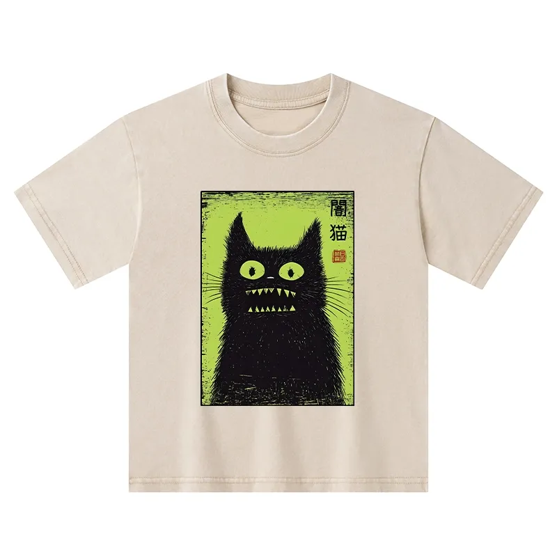 Tokyo-Tiger Spooky Black Cat Japanese Kids Washed T-Shirt