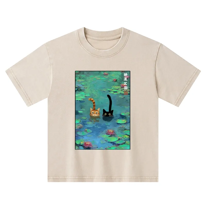Tokyo-Tiger Funny Cats Swimming In Lilies Kids Washed T-Shirt