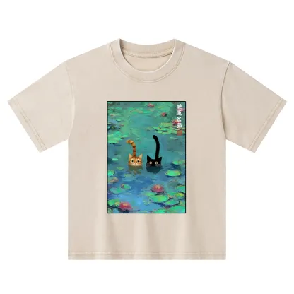 Tokyo-Tiger Funny Cats Swimming In Lilies Kids Washed T-Shirt