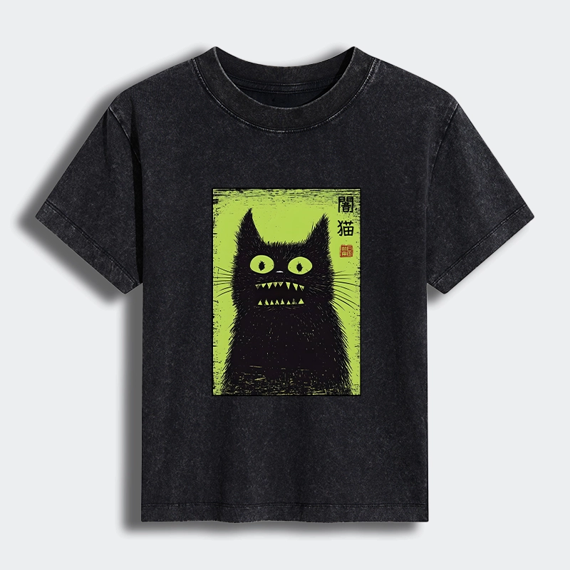Tokyo-Tiger Spooky Black Cat Japanese Women's Washed T-shirt