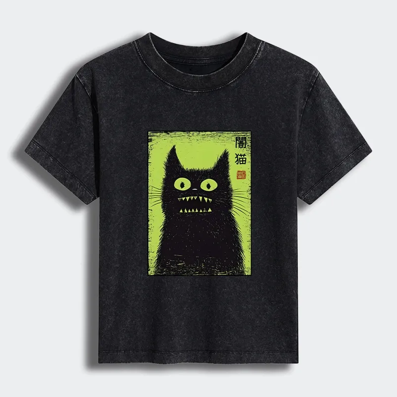 Tokyo-Tiger Spooky Black Cat Japanese Women's Washed T-shirt Sale