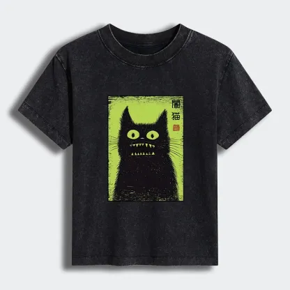 Tokyo-Tiger Spooky Black Cat Japanese Women's Washed T-shirt