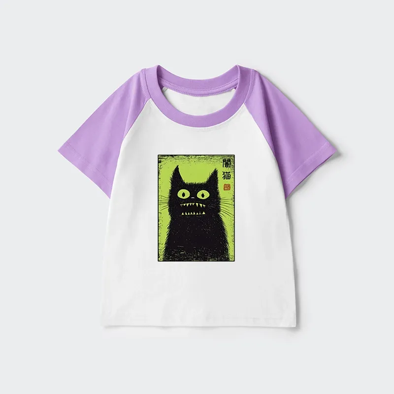 Tokyo-Tiger Spooky Black Cat Japanese Kids Raglan T-shirt