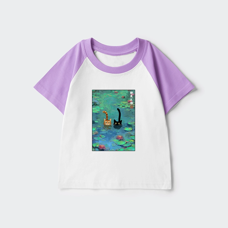 Tokyo-Tiger Funny Cats Swimming In Lilies Kids Raglan T-shirt