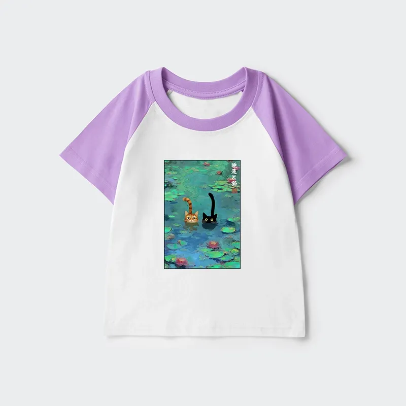 Tokyo-Tiger Funny Cats Swimming In Lilies Kids Raglan T-shirt
