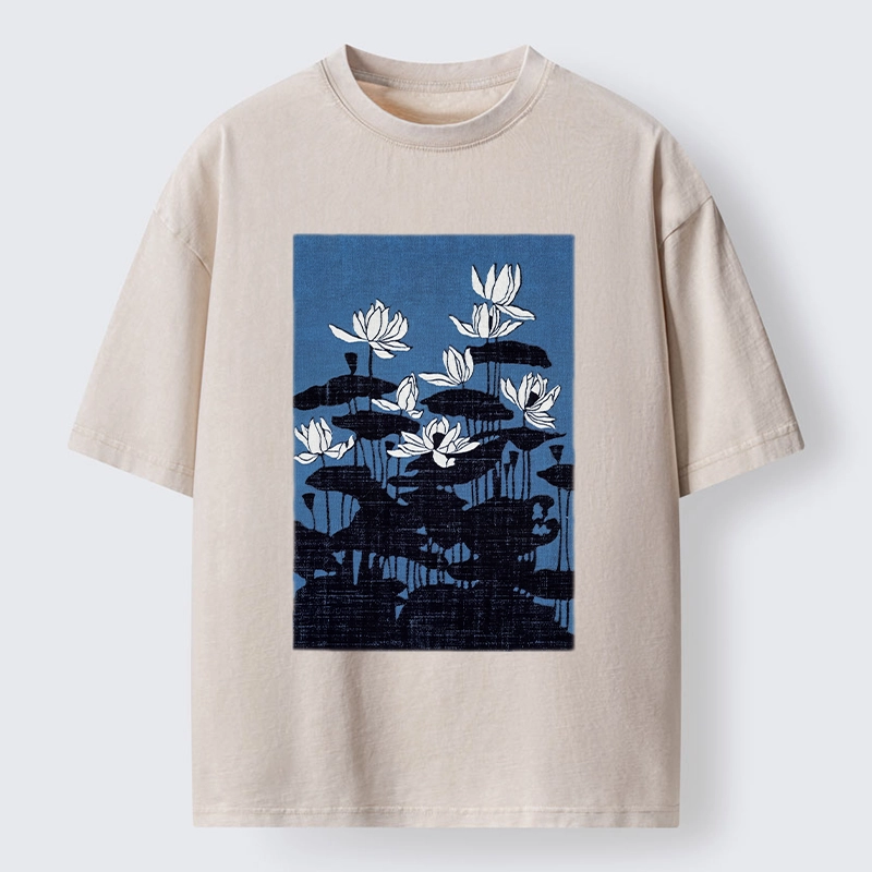 Tokyo-Tiger Blue Lotus Japanese Art Washed T-Shirt