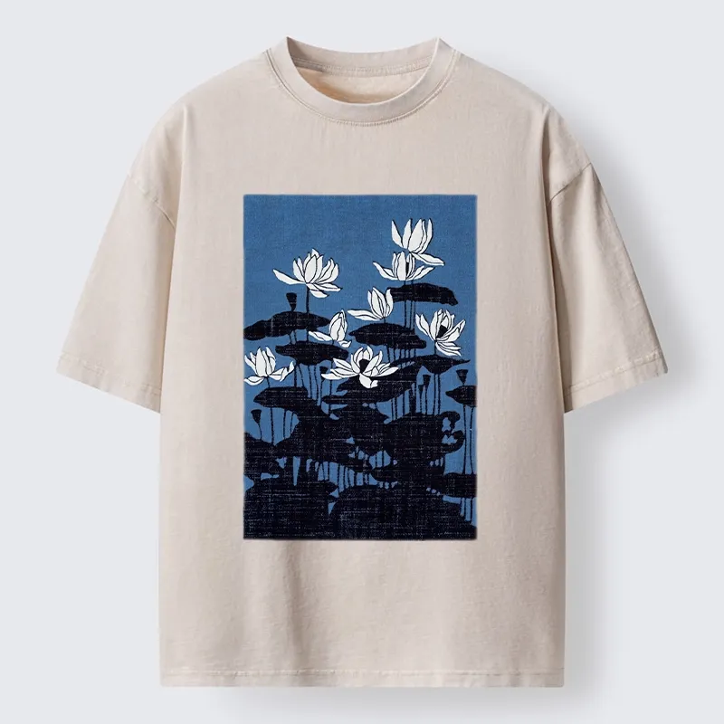Tokyo-Tiger Blue Lotus Japanese Art Washed T-Shirt