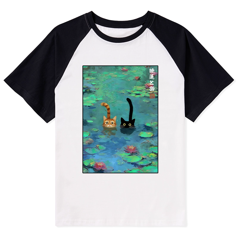 Tokyo-Tiger Funny Cats Swimming In Lilies Raglan T-shirt