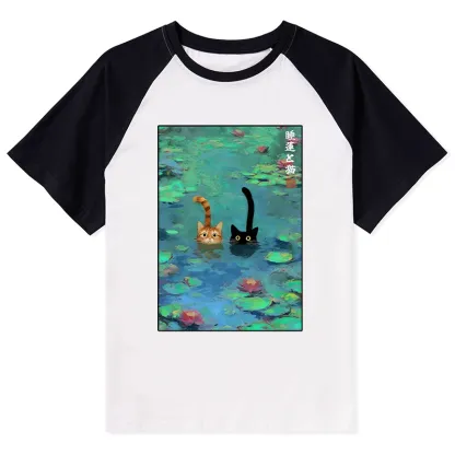 Tokyo-Tiger Funny Cats Swimming In Lilies Raglan T-shirt