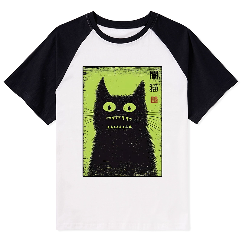 Tokyo-Tiger Spooky Black Cat Japanese Raglan T-shirt