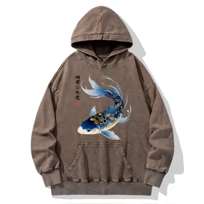 Tokyo-Tiger Elegant Koi Fish Watercolor Art Washed Hoodie