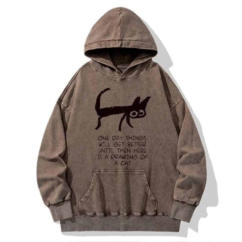 Tokyo-Tiger Cat Cheer Up Drawing Washed Hoodie