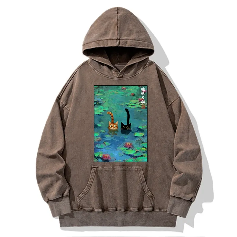 Tokyo-Tiger Funny Cats Swimming In Lilies Washed Hoodie