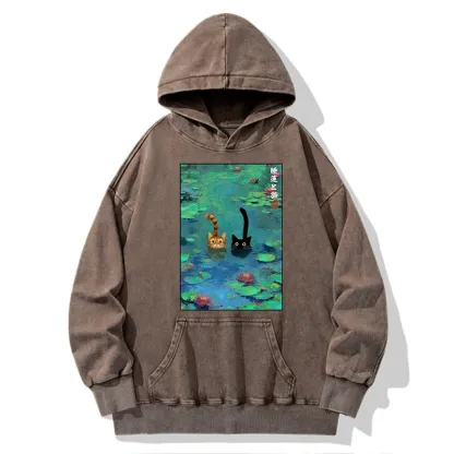 Tokyo-Tiger Funny Cats Swimming In Lilies Washed Hoodie
