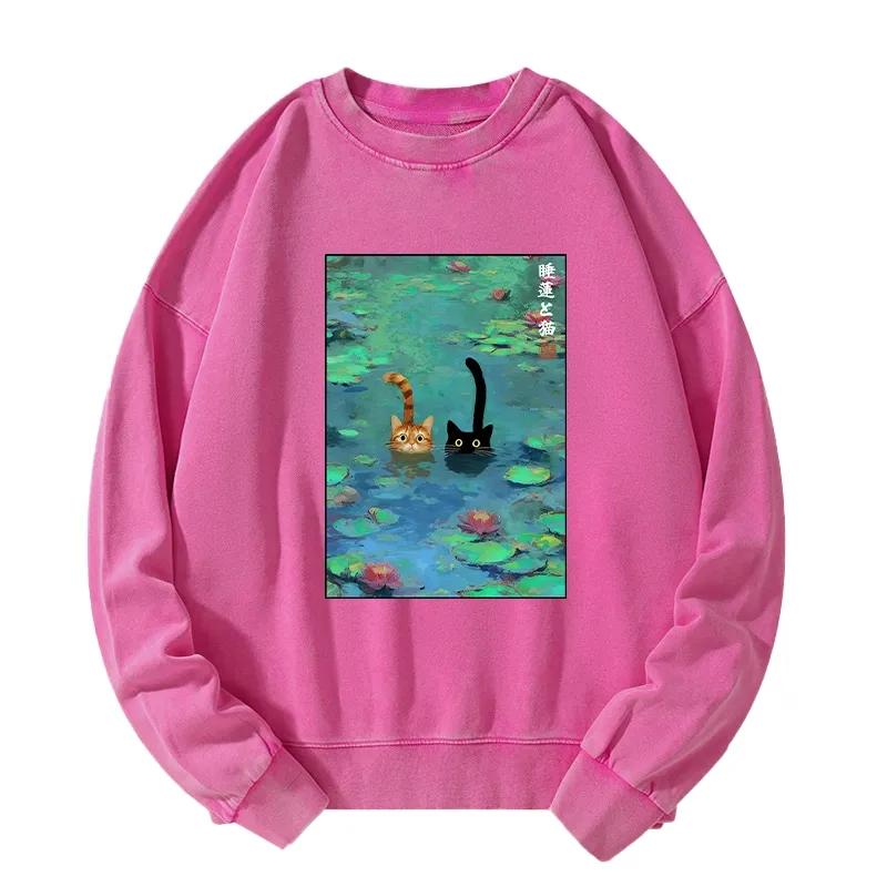 Tokyo-Tiger Funny Cats Swimming In Lilies Washed Sweatshirt