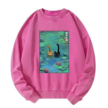 Tokyo-Tiger Funny Cats Swimming In Lilies Washed Sweatshirt