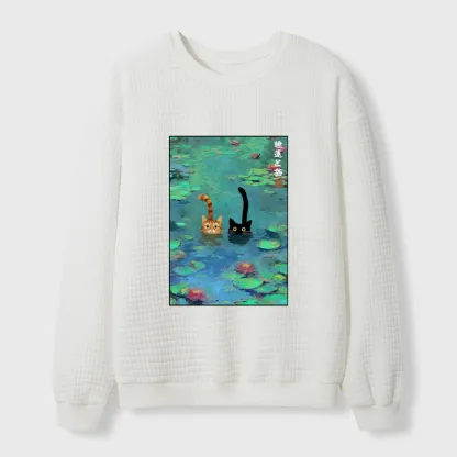 Tokyo-Tiger Funny Cats Swimming In Lilies Waffle Sweatshirt
