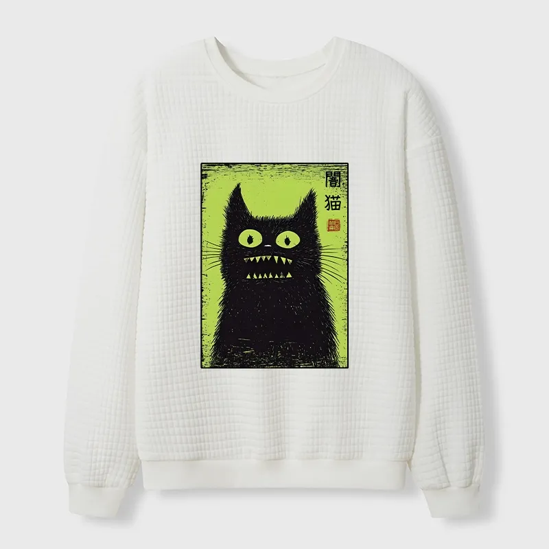 Tokyo-Tiger Spooky Black Cat Japanese Waffle Sweatshirt