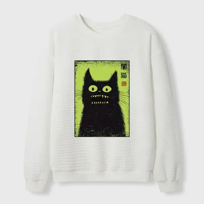 Tokyo-Tiger Spooky Black Cat Japanese Waffle Sweatshirt