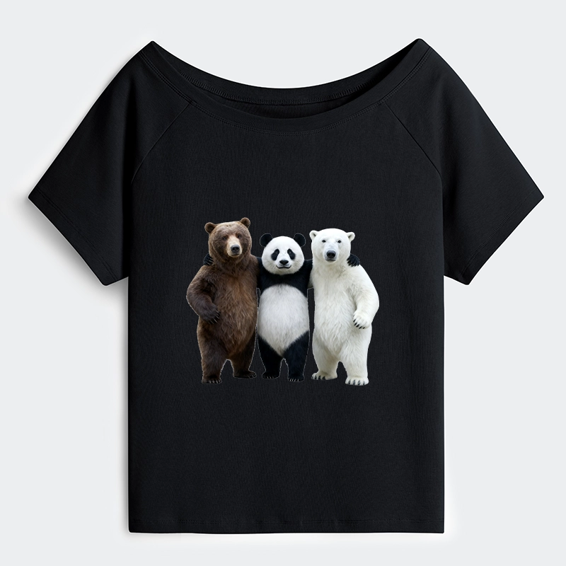 Tokyo-Tiger Three Bears Stand Together Off Shoulder T-Shirt