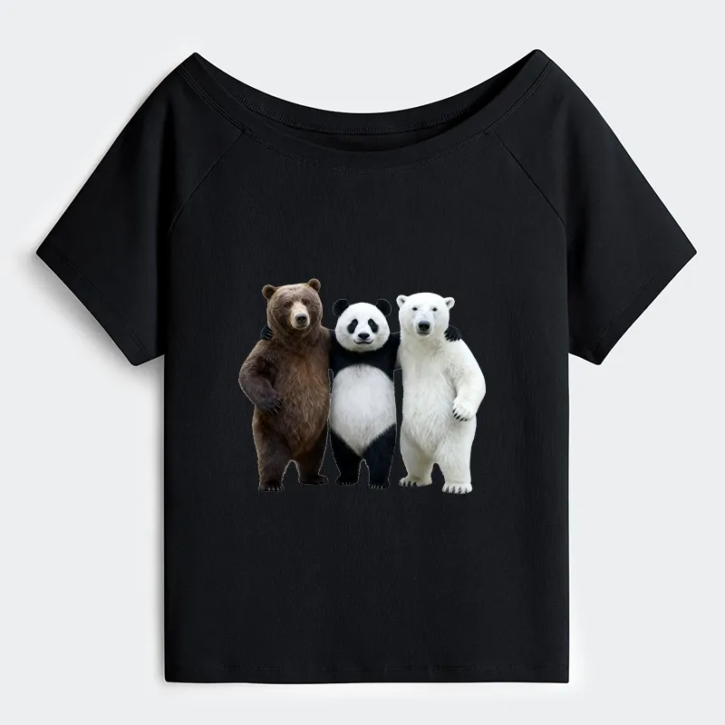 Tokyo-Tiger Three Bears Stand Together Off Shoulder T-Shirt