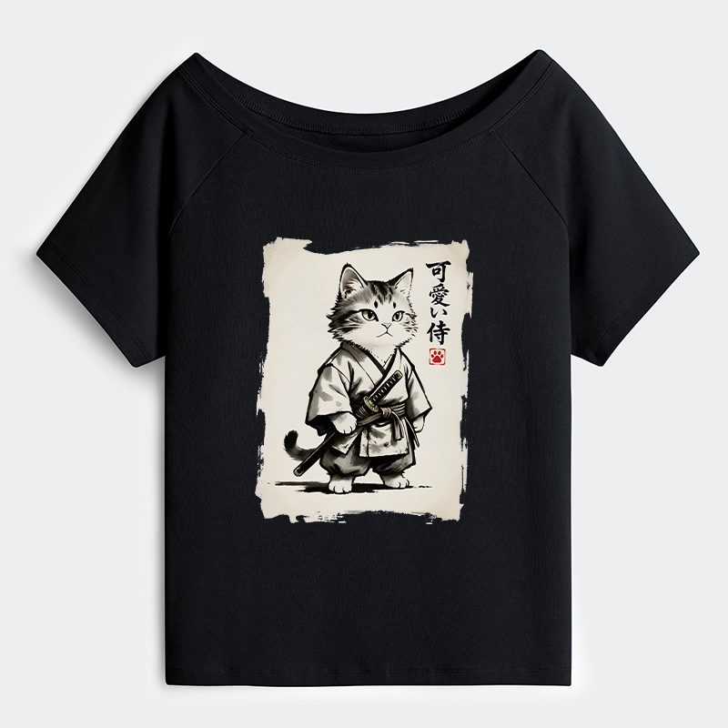 Tokyo-Tiger Japanese Samurai Cat Illustration Off Shoulder T-Shirt