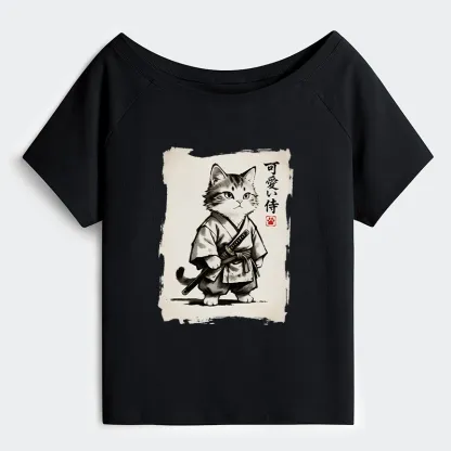 Tokyo-Tiger Japanese Samurai Cat Illustration Off Shoulder T-Shirt