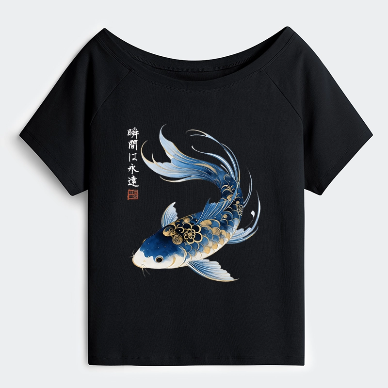 Tokyo-Tiger Elegant Koi Fish Watercolor Art Off Shoulder T-Shirt