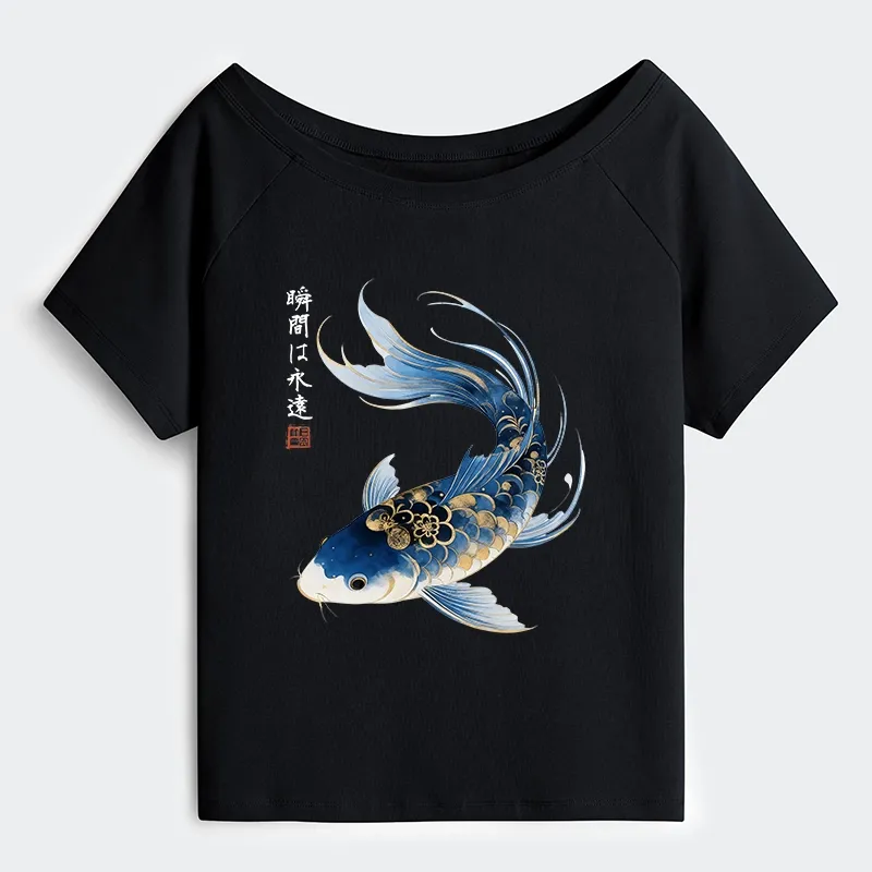 Tokyo-Tiger Elegant Koi Fish Watercolor Art Off Shoulder T-Shirt
