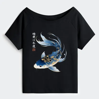 Tokyo-Tiger Elegant Koi Fish Watercolor Art Off Shoulder T-Shirt