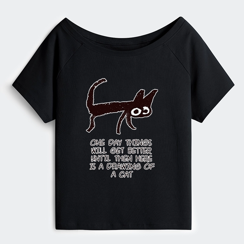 Tokyo-Tiger Cat Cheer Up Drawing Off Shoulder T-Shirt