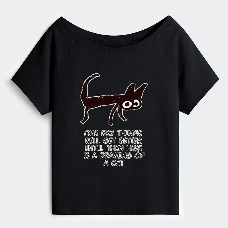 Tokyo-Tiger Cat Cheer Up Drawing Off Shoulder T-Shirt