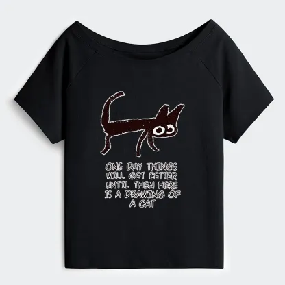 Tokyo-Tiger Cat Cheer Up Drawing Off Shoulder T-Shirt