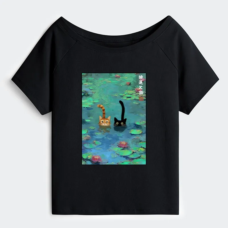 Tokyo-Tiger Funny Cats Swimming In Lilies Off Shoulder T-Shirt Sale