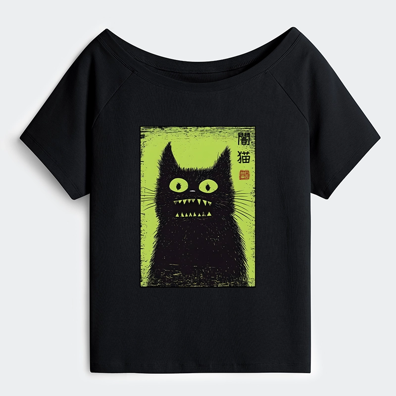 Tokyo-Tiger Spooky Black Cat Japanese Off Shoulder T-Shirt
