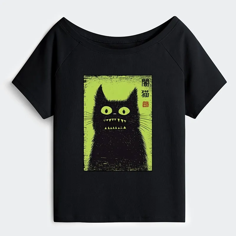 Tokyo-Tiger Spooky Black Cat Japanese Off Shoulder T-Shirt Sale