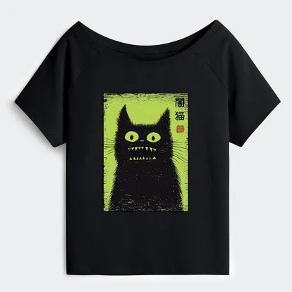 Tokyo-Tiger Spooky Black Cat Japanese Off Shoulder T-Shirt