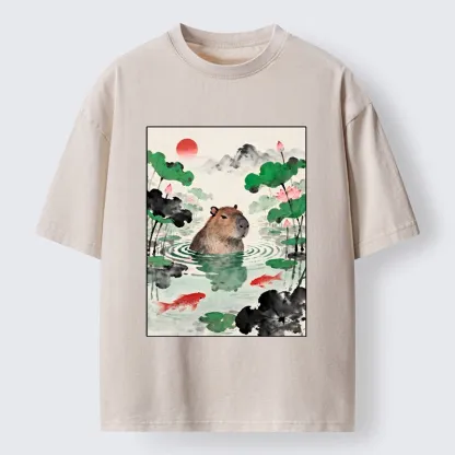 Tokyo-Tiger Chill Capybara In Water Washed T-Shirt