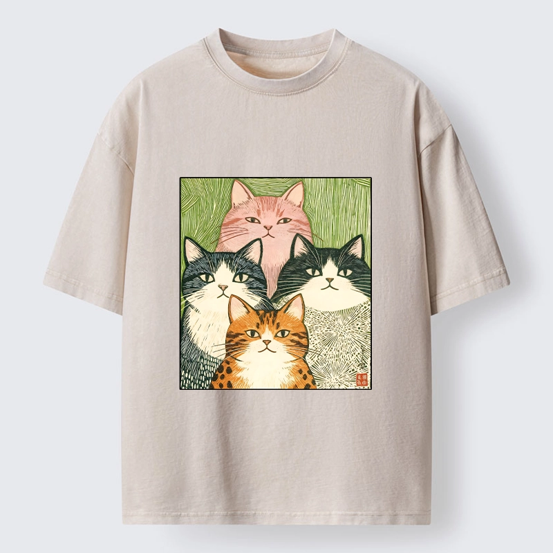 Tokyo-Tiger Funny Cat Squad Washed T-Shirt