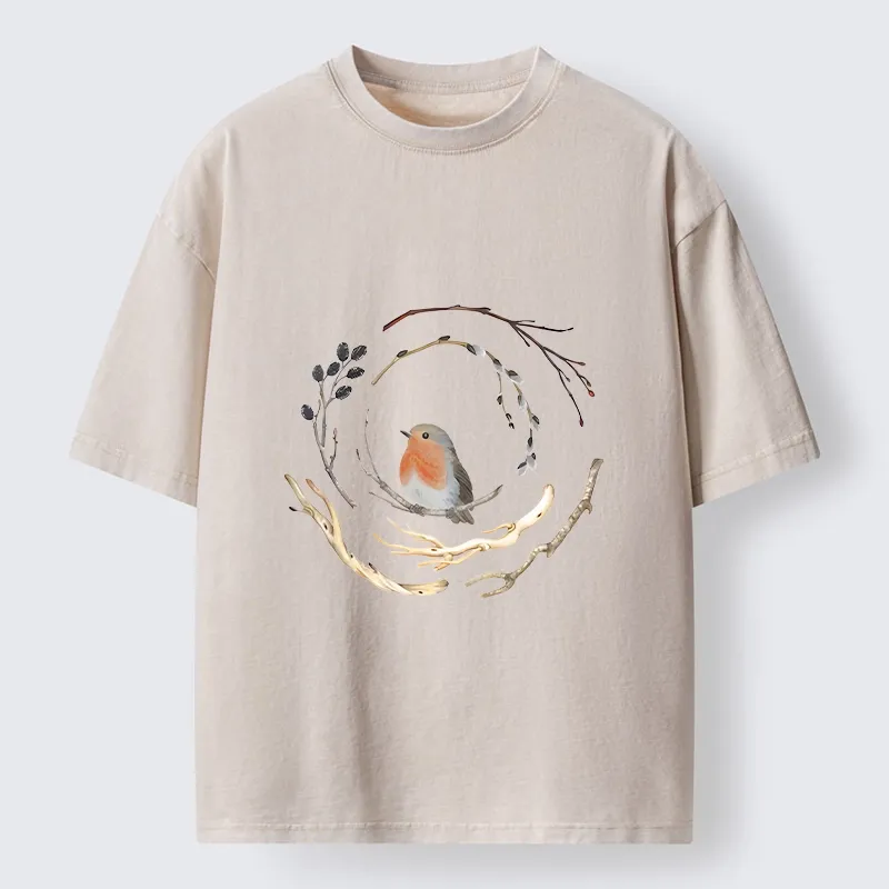 Tokyo-Tiger Cute Robin On Branch Washed T-Shirt