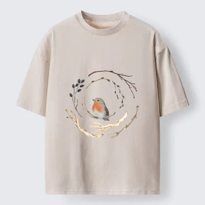 Tokyo-Tiger Cute Robin On Branch Washed T-Shirt