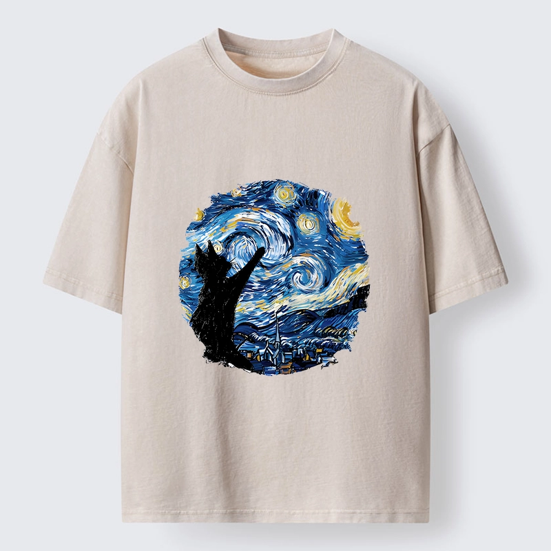 Tokyo-Tiger Starry Night Black Cat Washed T-Shirt