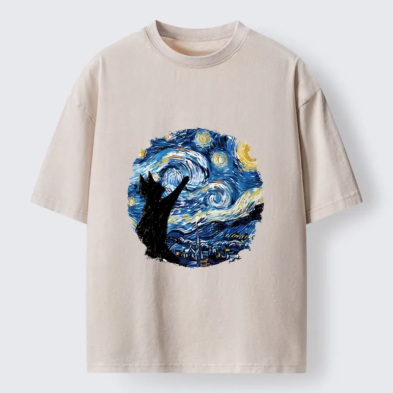 Tokyo-Tiger Starry Night Black Cat Washed T-Shirt